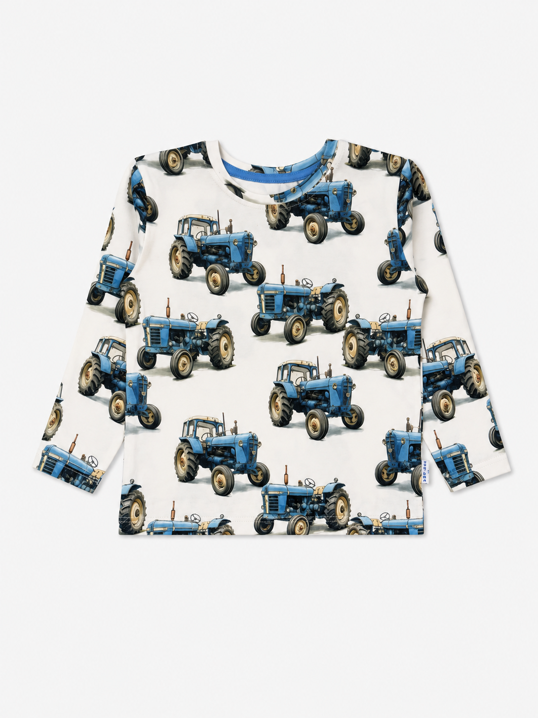 Bluzka dziecięca z długim rękawem w nadruk niebieskich traktorów w stylu vintage